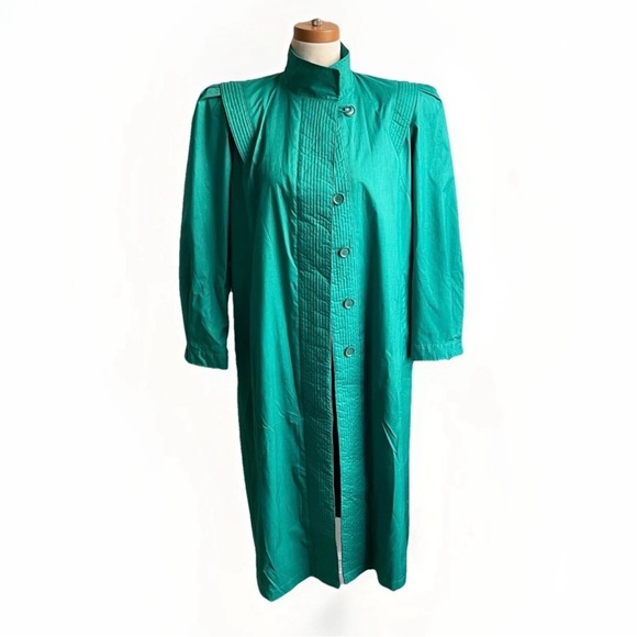 Vintage 80s Micki Green Long Raincoat Belt Lined Quilted Korea 9 10 Medium - Picture 2 of 11